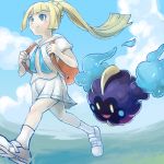  1girl :d backpack bag bangs blonde_hair blue_sky blunt_bangs blush braid closed_mouth clouds cloudy_sky cosmog day french_braid grass green_eyes high_ponytail legendary_pokemon lillie_(pokemon) long_hair miniskirt open_mouth outdoors pleated_skirt pokemon pokemon_(creature) pokemon_(game) pokemon_sm polyacryla running shirt shoes short_sleeves skirt sky smile socks sparkle white_shirt white_shoes white_skirt 