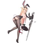 1girl alcohol animal_ears ass aviator_sunglasses blonde_hair breasts bunnysuit card female full_body girls_frontline glasses_on_head gun large_breasts leotard long_hair looking_at_viewer m1918_bar m1918_bar_(girls_frontline) machine_gun official_art pantyhose playing_card rabbit_ears sideboob simple_background solo suisai sunglasses torn_clothes torn_pantyhose transparent_background weapon wine yellow_eyes 