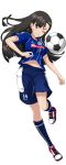  1girl ball bangs black_hair blue_legwear blue_shorts blush brown_eyes cleats clenched_teeth clothes_writing emblem girls_und_panzer highres j._league jersey kneehighs long_hair mito_hollyhock navel nishi_kinuyo number one_eye_closed one_leg_raised parted_lips pink_shoes shiny shiny_skin shoes short_sleeves shorts simple_background soccer soccer_ball soccer_uniform solo sportswear stomach teeth white_background 