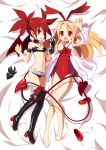  2girls absurdres barefoot belt blonde_hair boots demon_tail disgaea etna flat_chest flonne flonne_(fallen_angel) glove_removed gloves highres leotard long_hair looking_at_viewer lying makai_senki_disgaea multiple_girls navel on_back red_eyes redhead tail thigh-highs thigh_boots twintails xiaowei_(xxx29042536) 