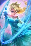  1girl blonde_hair blue_dress blue_eyes blue_gloves braid detached_sleeves disney dress elsa_(frozen) frozen_(disney) gloves lips long_dress magic nose ross_tran serious single_braid snowflakes solo 