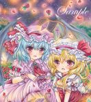  2girls arm_ribbon blonde_hair blue_hair brooch cravat flandre_scarlet flower glowing hat hat_ribbon jewelry looking_at_viewer marker_(medium) mob_cap multiple_girls night open_mouth outdoors pastel_(medium) petals puffy_short_sleeves puffy_sleeves red_eyes red_rose remilia_scarlet ribbon rose rose_petals rui_(sugar3) sample short_hair short_sleeves siblings side_ponytail sisters skirt skirt_hold skirt_set sky star_(sky) starry_sky touhou traditional_media wrist_cuffs 