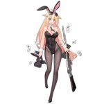 1girl animal_ears aviator_sunglasses blonde_hair breasts bunnysuit card cleavage full_body girls_frontline glasses_on_head gun holding holding_weapon long_hair looking_at_viewer m1918_bar m1918_bar_(girls_frontline) machine_gun necktie official_art pantyhose playing_card rabbit_ears suisai sunglasses transparent_background weapon yellow_eyes 