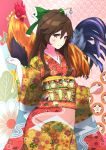  1girl bird blush bow brown_hair chicken chinese_zodiac cowboy_shot floral_print green_bow hair_between_eyes hair_bow hair_ornament hair_stick highres japanese_clothes kimono long_hair looking_at_viewer multicolored_kimono new_year no_wings obi red_eyes reiuji_utsuho rooster sash sidelocks smile solo tiny_taiga touhou unmoving_pattern wide_sleeves 