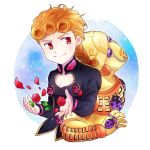  1boy blonde_hair braid brooch earrings flower giorno_giovanna gold_experience hair_tie imaru_(yashiro19950425) jewelry jojo_no_kimyou_na_bouken ladybug male_focus open_hands petals red_eyes rose rose_petals single_braid smile stand_(jojo) stud_earrings upper_body 