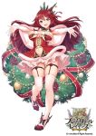  1girl bow brave_girl_ravens breasts capelet christmas cleavage elbow_gloves f-cla full_body gloves highres large_breasts long_hair looking_at_view navel navel_cutout official_art outstretched_arms pinecone red_eyes red_ribbon redhead ribbon shoes skirt smile solo spread_arms standing standing_on_one_leg thigh-highs thigh_strap velvet_(brave_girl_ravens) white_bow white_gloves white_legwear white_skirt wreath 