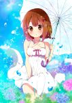  1girl artist_name blue_flower blue_sky blush braid breasts brown_eyes brown_hair collarbone copyright_name dated day dress flower hair_flower hair_ornament hair_ribbon holding holding_skirt holding_umbrella hydrangea looking_at_viewer medium_breasts outdoors parted_lips pink_flower purple_ribbon ragho_no_erika red_ribbon ribbon signature sky solo sukurizo! twin_braids umbrella water_drop white_dress 