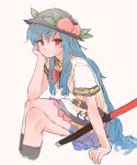  1girl belt blue_hair buckle fingernails food fruit hat head_on_hand hinanawi_tenshi leaf legs_crossed long_hair motsuni_(artist) neck_ribbon peach red_eyes ribbon sad shirt short_sleeves simple_background sitting sketch skirt socks solo sword sword_of_hisou touhou very_long_hair weapon 