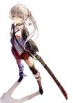  1girl black_legwear blue_eyes boots highres holding holding_sword holding_weapon kim_eb long_hair looking_at_viewer original ponytail sheath sheathed silver_hair skirt solo sword thigh-highs weapon 
