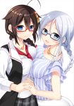  2girls adapted_costume ahoge bespectacled black_hair blue_eyes braid breast_press breasts glasses hair_flaps hair_ornament hair_over_shoulder hand_holding highres ikura_nagisa jewelry kantai_collection long_hair mole mole_under_eye multiple_girls necklace remodel_(kantai_collection) school_uniform shigure_(kantai_collection) silver_hair single_braid smile symmetrical_docking umikaze_(kantai_collection) very_long_hair 