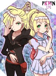  1boy 2girls alternate_costume black_jacket blonde_hair gladio_(pokemon) hand_in_front_of_face jacket lillie_(pokemon) long_hair lusamine_(pokemon) multiple_girls pokemon pokemon_(game) pokemon_sm ponytail pose shirt short_hair skirt torn_clothes totogami_toto white_shirt white_skirt 