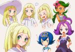  &gt;o&lt; 4girls acerola_(pokemon) armlet blonde_hair blue_eyes blue_hair braid dark_skin dress elite_four flower green_eyes green_hair hair_flower hair_ornament hairband half_updo hat lillie_(pokemon) long_hair mallow_(pokemon) multicolored_dress multiple_girls multiple_persona open_mouth overalls pokemon pokemon_(game) pokemon_sm ponytail popcorn_91 purple_hair short_hair simple_background sleeveless stitches suiren_(pokemon) sun_hat tears trial_captain twin_braids twintails violet_eyes white_background white_hat 