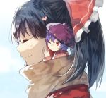  2girls ;) \||/ bangs bei_mochi black_hair blush bow bowl bowl_hat brown_scarf cheek-to-cheek closed_eyes closed_mouth commentary_request eyebrows_visible_through_hair eyelashes from_side hair_bow hakurei_reimu hand_on_another&#039;s_cheek hand_on_another&#039;s_face hat heart japanese_clothes kimono looking_at_another minigirl multiple_girls one_eye_closed ponytail portrait profile red_bow red_eyes short_hair side_glance smile sukuna_shinmyoumaru touhou violet_eyes yuri 