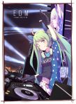  1girl 2016 ;) aqua_eyes aqua_hair arm_up bangs belly_peek black_gloves blue_ribbon border breasts closed_mouth copyright_name dated dj english eyebrows_visible_through_hair gloves green_hair hair_ribbon hatsune_miku headphones headphones_around_neck highres light long_hair looking_at_viewer monitor navel night night_sky one_eye_closed outdoors partly_fingerless_gloves phonograph polka_dot record ribbon short_sleeves signature sky small_breasts smile solo speaker stage_lights stomach turntable twintails upper_body very_long_hair vocaloid zhayin-san 