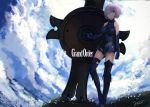  1girl ahoge arm_at_side armor armored_boots armored_dress artist_name bare_shoulders black_boots black_gloves boots breasts closed_mouth clouds cloudy_sky copyright_name day dress elbow_gloves fate/grand_order fate_(series) field flower flower_field gloves hair_over_one_eye medium_breasts pink_hair rean_(r_ean) shield shielder_(fate/grand_order) short_hair sky sleeveless sleeveless_dress smile solo standing thigh-highs thigh_boots thigh_strap violet_eyes wind 