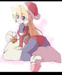  1girl black_legwear blonde_hair blue_eyes ciel_(rockman) hat high_heels red_hat rockman rockman_zero sack santa_hat semikichi smile solo 