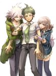  1girl 2boys ahoge black_legwear black_pants blue_eyes blush brown_hair chains dangan_ronpa flipped_hair green_eyes green_jacket green_necktie hair_ornament hairclip handheld_game_console hinata_hajime hood hoodie jacket komaeda_nagito locked_arms looking_at_another looking_down multiple_boys nanami_chiaki necktie pants pink_eyes pink_hair playing_games playstation_portable pleated_skirt ribbon sandwiched school_uniform shirt short_hair short_sleeves skirt smile super_dangan_ronpa_2 sweatdrop thigh-highs white_hair white_shirt youko-shima 