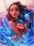  1girl bare_shoulders black_hair breasts curly_hair dark_skin disney earrings element_bending flower freckles hair_flower hair_ornament jewelry lips long_hair medium_breasts moana_(film) moana_waialiki nose revision ross_tran small_breasts solo water 