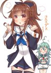  2girls ahoge alternate_costume black_legwear black_ribbon blush brown_eyes brown_hair clenched_hands commentary_request cosplay costume_switch detached_sleeves green_eyes green_hair hair_between_eyes hair_ornament hair_ribbon hairclip huge_ahoge kantai_collection kuma_(kantai_collection) kuma_(kantai_collection)_(cosplay) long_hair looking_at_viewer multiple_girls neckerchief ponytail ribbon sailor_collar school_uniform serafuku skirt translation_request yamakaze_(kantai_collection) yamakaze_(kantai_collection)_(cosplay) yukina_(black0312) 