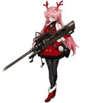  1girl alternate_costume anti-materiel_rifle antlers bag bare_shoulders bipod black_legwear buttons closed_mouth detached_sleeves eyebrows eyebrows_visible_through_hair full_body fur-trimmed_dress fur-trimmed_sleeves girls_frontline gun hair_over_shoulder hairband holding holding_gun holding_weapon long_hair long_sleeves looking_at_viewer nose ntw-20 ntw-20_(girls_frontline) official_art pantyhose personification pink_eyes pink_hair reindeer_antlers rifle scope sniper_rifle solo standing transparent_background trigger_discipline very_long_hair weapon 