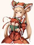  2girls animal_ears bangs blonde_hair bow cerberus_(shingeki_no_bahamut) dog_ears double_bun frills green_eyes green_ribbon hair_ornament holding inaba_sunimi long_hair looking_at_viewer luna_(shadowverse) multiple_girls open_mouth red_eyes redhead ribbon shadowverse shingeki_no_bahamut simple_background twintails very_long_hair white_background 