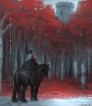  1boy 1girl aureolin31 autumn_leaves blonde_hair blue_eyes braid castle forest fur-trimmed_coat highres horse horseback_riding looking_at_viewer looking_back nature original red_cloak red_hood riding signature snow translation_request twin_braids 
