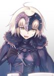  1girl :d anger_vein bean breasts chains chopsticks fal fate/grand_order fate_(series) fur_trim helmet jeanne_alter open_mouth ruler_(fate/apocrypha) short_hair smile solo yellow_eyes 