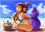  1girl beach bikini blue_sky clouds day gourd horns ibuki_suika looking_at_viewer maco_(macoillust) outdoors sky solo summer swimsuit touhou 