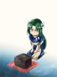  1girl breasts capelet chibi green_eyes green_hair hair_rings jitome large_breasts mima no_hat no_headwear no_panties obentou scowl seiza sitting solo touhou touhou_(pc-98) under_boob yohane 