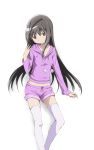  1girl akemi_homura bangs black_hair drawstring hairband hairband_removed half-closed_eyes highres kinfuji lavender_legwear long_hair long_sleeves looking_at_viewer mahou_shoujo_madoka_magica midriff_peek pajamas pom_pom_(clothes) shorts simple_background smile solo thigh-highs violet_eyes white_background 