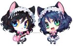  1girl animal_ears bell bow cat_ears cat_tail chibi curly_hair cyan_(show_by_rock!!) dual_persona gothic_lolita guitar instrument lolita_fashion maid_headdress open_mouth ringlets show_by_rock!! striped striped_legwear tail theuselesstoe 