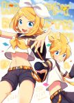  1boy 1girl 2016 anniversary artist_name belt birthday blonde_hair blue_eyes blue_sky bow brother_and_sister dated detached_sleeves fang hair_bow hair_ornament hair_ribbon hairclip headphones headset kagamine_len kagamine_rin midriff navel necktie nokuhashi open_mouth outstretched_arms ribbon sailor_collar short_hair short_ponytail shorts siblings signature sky smile twins vocaloid yellow_necktie 