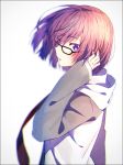  1girl bangs black-framed_eyewear blurry border depth_of_field fate/grand_order fate_(series) from_side glasses grey_background hakusai_(tiahszld) hand_in_hair hood hood_down hoodie looking_to_the_side necktie parted_lips purple_hair red_necktie shielder_(fate/grand_order) short_hair sleeves_past_wrists solo upper_body violet_eyes 