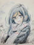  1girl :d black_hair blue_eyes coat glasses hibike!_euphonium highres long_hair looking_at_viewer nii_manabu open_mouth scarf signature smile snowing solo tanaka_asuka upper_body watercolor_pencil_(medium) white_background winter_clothes winter_coat 