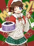  1girl ;d aran_sweater bell black_legwear blue_eyes blueberry blush bottle brown_hair cake capelet christmas confetti english eyebrows_visible_through_hair food fruit hairband hat hiei_(kantai_collection) holding jingle_bell kanoe_soushi kantai_collection long_sleeves looking_at_viewer merry_christmas one_eye_closed open_mouth plaid plaid_skirt pleated_skirt santa_hat short_hair skirt smile solo sweater thigh-highs tray turtleneck wine_bottle zettai_ryouiki 