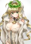  &gt;:) 1girl ahoge bangs bare_shoulders belt blonde_hair breast_suppress breasts chains cleavage closed_mouth detached_collar detached_sleeves elbow_gloves eyebrows_visible_through_hair fate/extra fate/extra_ccc fate_(series) flower gloves green_eyes head_wreath lock looking_at_viewer medium_breasts padlock saber_bride saber_extra simple_background smile solo strapless upper_body veil white_background white_gloves wide_sleeves yamabukiiro zipper 