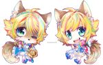  1boy animal_ears blonde_hair blue_eyes chibi dual_persona headphones highlights male_focus multicolored_hair one_eye_closed open_mouth show_by_rock!! shu_zo_(show_by_rock!!) smile solo star tail theuselesstoe 