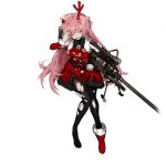  1girl alternate_costume anti-materiel_rifle antlers bare_shoulders bipod black_legwear blush buttons detached_sleeves dress full_body fur-trimmed_dress fur-trimmed_sleeves girls_frontline gun hairband hands_on_own_head holding holding_gun holding_weapon long_hair long_sleeves looking_at_viewer nail_polish ntw-20 ntw-20_(girls_frontline) official_art one_eye_closed open_mouth pantyhose personification pink_eyes pink_hair reindeer_antlers rifle scope single_shoe sniper_rifle solo thighband_pantyhose torn_clothes torn_dress torn_pantyhose transparent_background very_long_hair weapon 