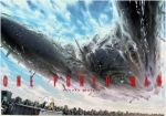  1boy atmospheric_reentry bald border cape cityscape clouds cloudy_sky copyright_name murata_yuusuke official_art one-punch_man saitama_(one-punch_man) size_difference sky solo space_craft superhero 
