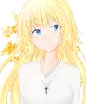  1girl alternate_costume alternate_hairstyle blonde_hair blue_eyes breasts casual cross cross_necklace fate/grand_order fate_(series) head_tilt highres jewelry large_breasts long_hair looking_to_the_side necklace ruler_(fate/apocrypha) solo white_background yuki_maccha_(yukimattya10) 