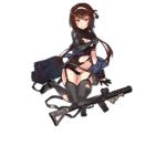  1girl :t artist_request brown_hair covering covering_breasts garter_straps girls_frontline gloves gun hairband long_hair looking_at_viewer magazine_(weapon) official_art pout red_eyes rifle thigh-highs torn_clothes type_79_(girls_frontline) type_79_smg weapon 