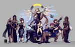  6+girls alcohol alternate_hairstyle ana_(overwatch) black_dress black_hair blonde_hair bottle breasts china_dress chinese_clothes cleavage cup d.va_(overwatch) dark_skin dress drinking_glass ein_lee ice_sculpture mechanical_wings mei_(overwatch) mercy_(overwatch) mother_and_daughter multiple_girls overwatch pharah_(overwatch) purple_skin sitting smile symmetra_(overwatch) thigh-highs tracer_(overwatch) widowmaker_(overwatch) wine wine_glass wings zarya_(overwatch) 