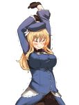  1girl amonitto arms_up atago_(kantai_collection) black_legwear blonde_hair blush breasts closed_eyes gloves hat kantai_collection large_breasts long_hair long_sleeves pantyhose solo stretch thighband_pantyhose trembling 