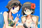  2girls ;d bikini_top black_bikini_top black_eyes black_hair blue_eyes blush breasts brown_hair cleavage closed_mouth collarbone day drinking_straw eyebrows_visible_through_hair floral_print glasses glint green-framed_eyewear hair_ornament hairclip halterneck hiei_(kantai_collection) holding jewelry kanoe_soushi kantai_collection kirishima_(kantai_collection) medium_breasts multiple_girls necklace one_eye_closed open_mouth outdoors plastic_cup semi-rimless_glasses short_hair sky smile sunglasses sunglasses_on_head twitter_username under-rim_glasses upper_body v water 