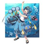  1girl araquanid blue_eyes blue_hair blue_pants chinchou hairband highres open_mouth pants pokemon pokemon_(creature) pokemon_(game) pokemon_sm sandals shellder short_hair sleeveless suiren_(pokemon) swimsuit swimsuit_under_clothes trial_captain yuta0115 