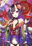  1girl alcohol bangs bare_shoulders black_hair blush breasts collarbone cup eyebrows_visible_through_hair fang fate/grand_order fate_(series) floral_background highres hilo_(joy_hero) holding holding_umbrella japanese_clothes looking_at_viewer medium_breasts navel oni_horns open_mouth oriental_umbrella revealing_clothes sakazuki sake sash short_hair shuten_douji_(fate/grand_order) smile solo sparkle thick_eyebrows umbrella upper_body violet_eyes 