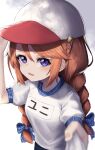  1girl absurdres baseball_cap blurry blurry_foreground blush bow braid clothes_writing commentary_request hair_bow hat highres hinamayo long_sleeves looking_at_viewer open_mouth orange_hair princess_connect! shirt_grab sidelocks solo twin_braids upper_body violet_eyes yuni_(princess_connect!) 