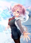  1girl between_breasts blush breast_pocket breasts brown-framed_eyewear day fate/grand_order fate_(series) floating_hair fou_(fate/grand_order) from_side glasses hair_over_one_eye highres hood hoodie large_breasts light_rays looking_at_viewer looking_back murakami_yuichi necktie necktie_between_breasts on_shoulder open_mouth outdoors outstretched_arm outstretched_hand pantyhose pocket purple_hair red_necktie semi-rimless_glasses shielder_(fate/grand_order) short_hair smile solo standing violet_eyes 