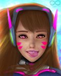  1girl alternate_eye_color artist_name bangs blue_sky bodysuit brown_hair d.va_(overwatch) eyelashes eyeliner facepaint facial_mark headphones high_collar lips lipstick long_hair looking_at_viewer makeup nose outdoors overwatch parted_lips pilot_suit pink_eyes pink_lipstick portrait realistic runicinfinitesisters shoulder_pads signature skin_tight sky solo swept_bangs teeth tongue tongue_out watermark web_address whisker_markings wind 