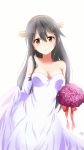  1girl absurdres black_hair breasts brown_eyes cleavage collarbone dress elbow_gloves gloves hair_between_eyes hair_ornament hairband hairclip haruna_(kantai_collection) head_tilt highres holding_bouquet kantai_collection long_hair looking_at_viewer medium_breasts orange_hairband purple_flower red_ribbon ribbon shiny shiny_skin signature simple_background sleeveless sleeveless_dress smile solo strapless strapless_dress wedding_dress white_background white_dress white_gloves yhogila-q 
